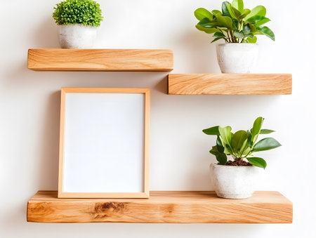 Wooden shelf with plant decoration on white wall - Vintage Light Filterの素材