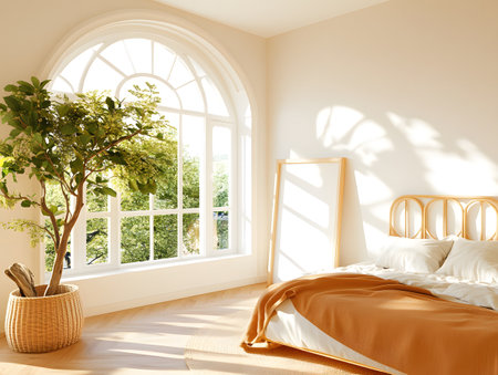interior of modern bedroom with window and plants, 3d renderの素材