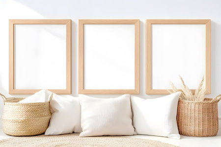 Mock up poster frame on wall in modern living room. 3d renderの素材