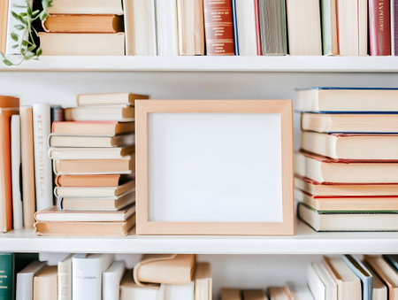 Bookshelf with books and blank frame, education and knowledge conceptの素材
