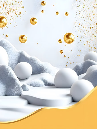 3d render of abstract minimal geometric forms. Glossy white luxury podium with gold balls. Scene for cosmetic product presentation.の素材
