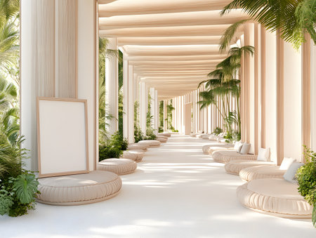 3d render of a long corridor with white chairs and palm treesの素材