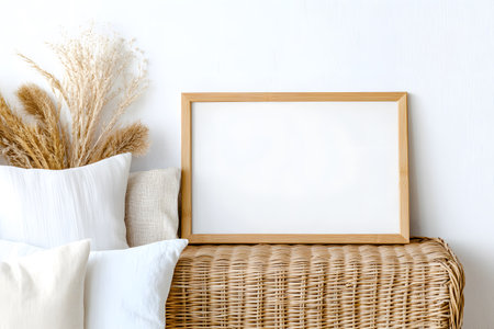 White pillows on a wicker basket and a wooden frame on a white wallの素材
