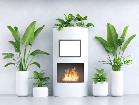 Modern white fireplace with green plants on concrete wall background. 3d renderの素材