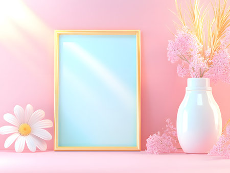 Mock up frame with flowers in vase. 3d renderの素材