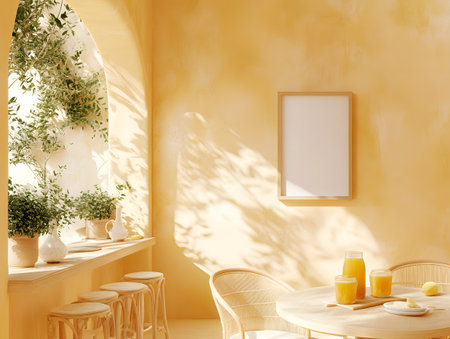 Interior of modern cafe with yellow walls, round wooden tables with chairs and white mock up poster. 3d renderingの素材