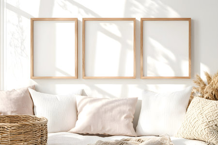 Pillows on sofa in living room interior with empty picture framesの素材