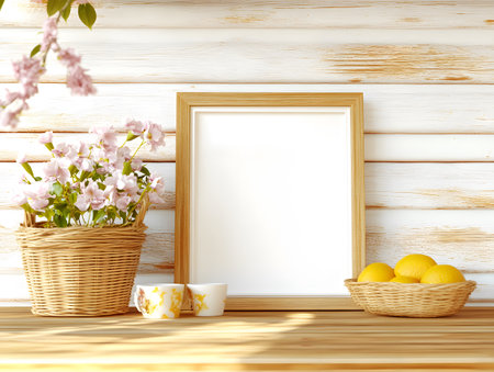 Mock up blank frame in interior with spring flowers. 3d renderの素材