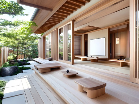 Japanese style room with a wooden floor and a large window. 3d rendering.の素材