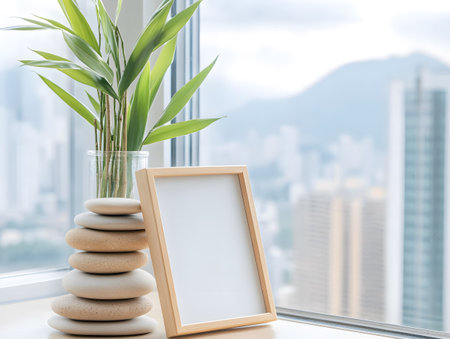 Wooden frame mockup on the windowsill with green plant.の素材