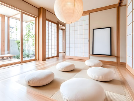 Interior of a japanese room with a lot of pillowsの素材