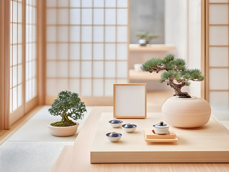 Japanese style interior design with bonsai and photo frame. 3D renderingの素材