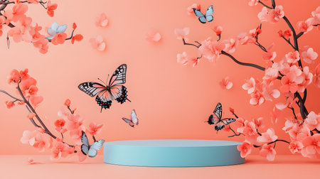 3d render, abstract minimal geometric background, blue podium with butterflies, cherry blossom flowersの素材
