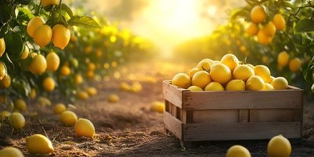 Ripe lemons in a wooden box on the background of the fieldの素材