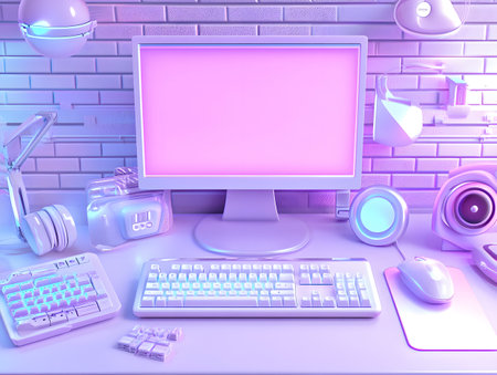3D Illustration of a Computer Desktop with a Blank Screen.の素材