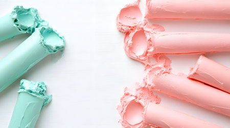 Birthday candles in pink and turquoise on a white backgroundの素材