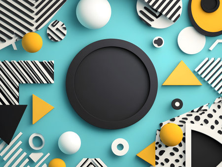 Abstract background with geometric shapes and round black frame. 3d renderの素材