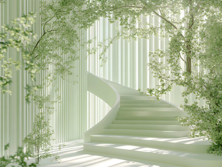 3d render of stairs in modern interior with green wall and treesの素材