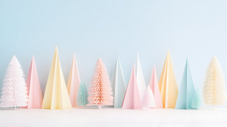 Christmas tree made of paper origami on blue background. Minimal conceptの素材