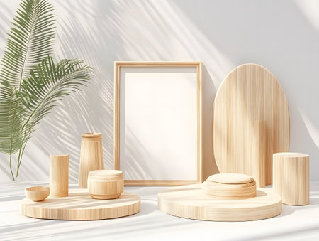 Minimalist abstract scene with podiums and palm leaves. 3d renderの素材