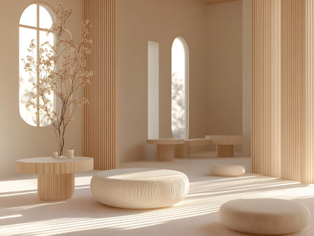 Minimalist bathroom interior with beige walls, concrete floor, white round podiums and window. 3d renderingの素材