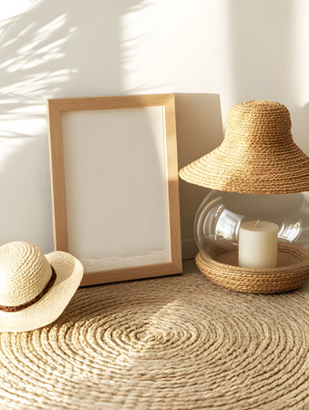 Blank photo frame, straw hat and candle on wicker matの素材