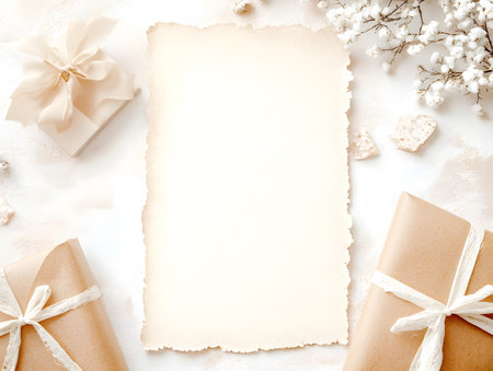 Christmas background with gift boxes and blank paper on white. Flat lay, top viewの素材