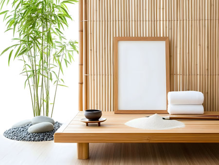 Interior of modern japanese room with bamboo wall and wooden tableの素材