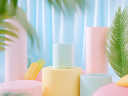 Abstract scene with colorful podiums and palm leaves. 3d renderの素材