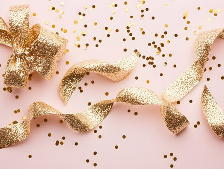 Festive background with golden ribbon and confetti. Flat lay, top view.の素材