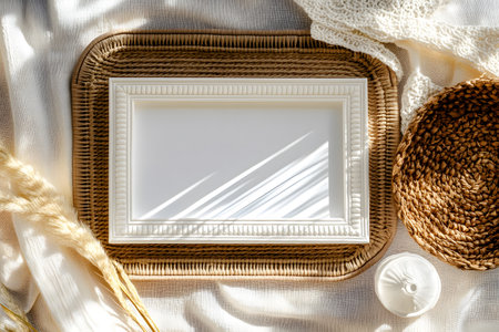 White frame mockup with wicker basket and straw on white fabric, top viewの素材