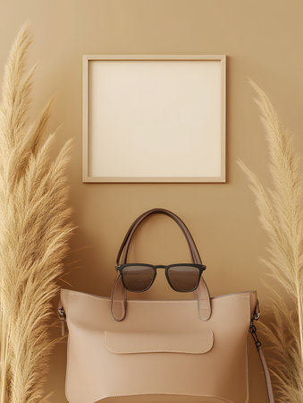 Mock up poster frame, beige leather bag, sunglasses and dry pampas grass. 3d renderingの素材