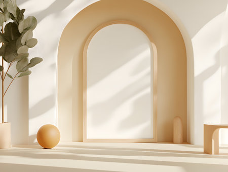 Minimalist interior with arch and plant. 3d render.の素材
