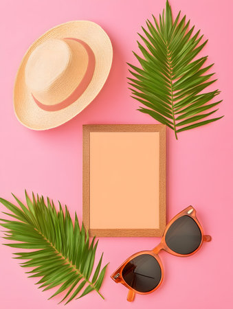 Summer flat lay. Frame, hat, sunglasses and palm leaves on pink background.の素材
