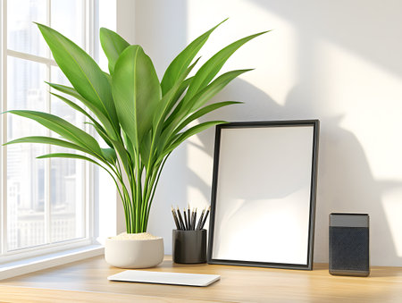 Workplace with blank picture frame, coffee cup and plant. Mock up, 3D Renderingの素材