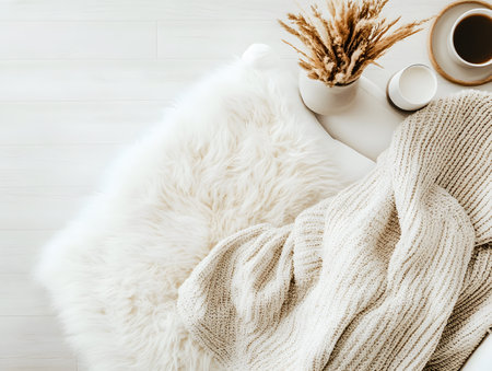 Cozy home interior with cup of coffee, knitted plaid and vase with dried flowers on white wooden background, top viewの素材
