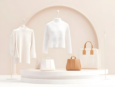3d render of white and beige women's clothing on a white podium.の素材