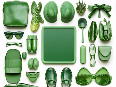 Collage of green beach accessories on white background. Top view.の素材