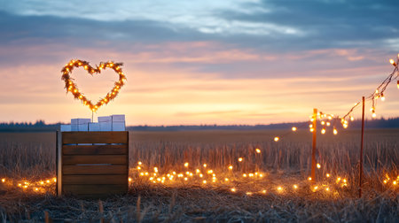 Gift boxes in the shape of a heart in the field at sunset.の素材