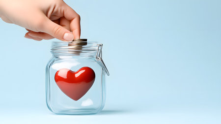 Hand holding a red heart in a glass jar on blue background.の素材
