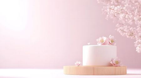 Cherry blossoms and gift box on white background. 3d renderの素材