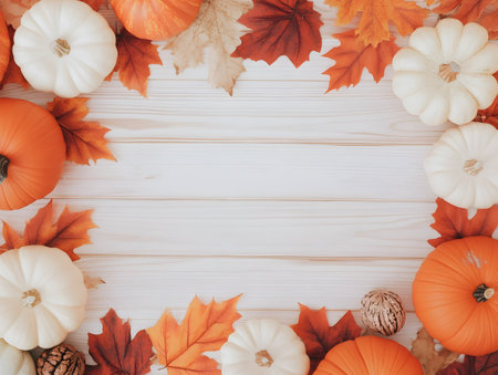 top view of autumn leaves and pumpkins on white wooden background with copy spaceの素材