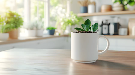 Coffee cup with plant on table in kitchen, closeupの素材