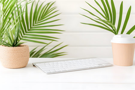 Office workplace with keyboard, coffee cup and palm leaves on white wooden backgroundの素材