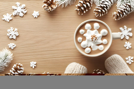 Cup of hot cocoa with marshmallows and Christmas decorations on wooden backgroundの素材