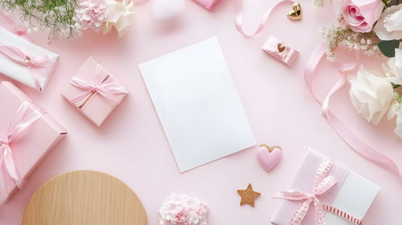 Valentine's day mockup with gift boxes and flowers on pink backgroundの素材