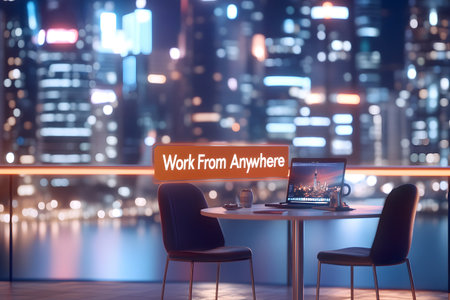 Work from home text on laptop screen over night cityscape background. Work from home concept.の素材