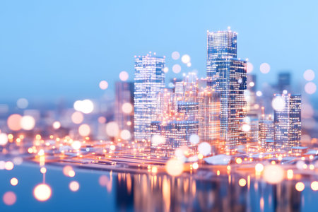Abstract digital city with bokeh lights. 3D Renderingの素材
