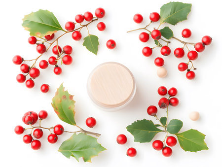 Jar of cosmetic cream with red berries and green leaves on white backgroundの素材