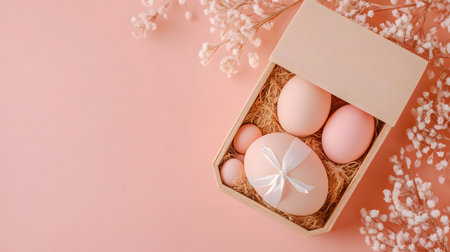 Easter eggs in a gift box and gypsophila flowers on a pink backgroundの素材